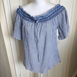 Lauren Ralph Lauren Blue and White Puff Sleeve Blouse